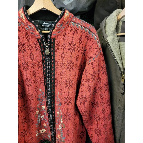 vtg 90s ICELANDIC DESIGN ZIP Up Cardigan xl // red wool floral winter autumn - Picture 2 of 4